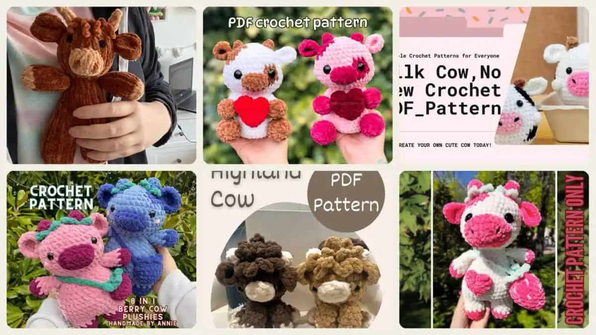 A selection of the crochet patterns in 26 Adorable Cow Plush Crochet Patterns for Farmhouse Decor, Gifts, and Cozy Displays