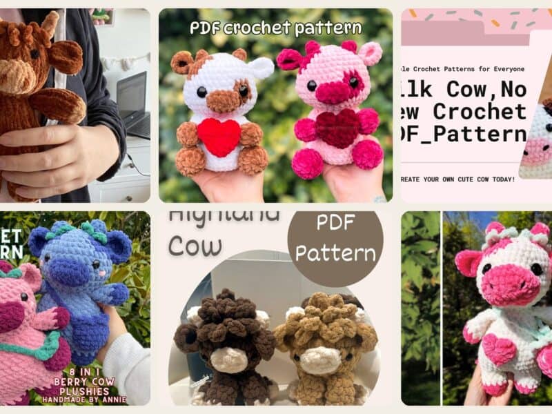 A selection of the crochet patterns in 26 Adorable Cow Plush Crochet Patterns for Farmhouse Decor, Gifts, and Cozy Displays