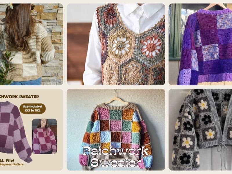 A selection of the crochet patterns in 21 Patchwork Sweater Crochet Patterns for Cozy, Colorful Layers