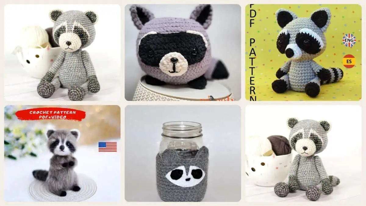 A selection of the crochet patterns in 40 Racoon Crochet Patterns for Woodland Amigurumi, Hats, Appliques, and Cozy Handmade...