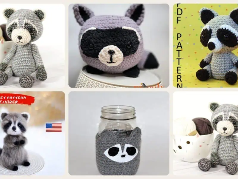 A selection of the crochet patterns in 40 Racoon Crochet Patterns for Woodland Amigurumi, Hats, Appliques, and Cozy Handmade...