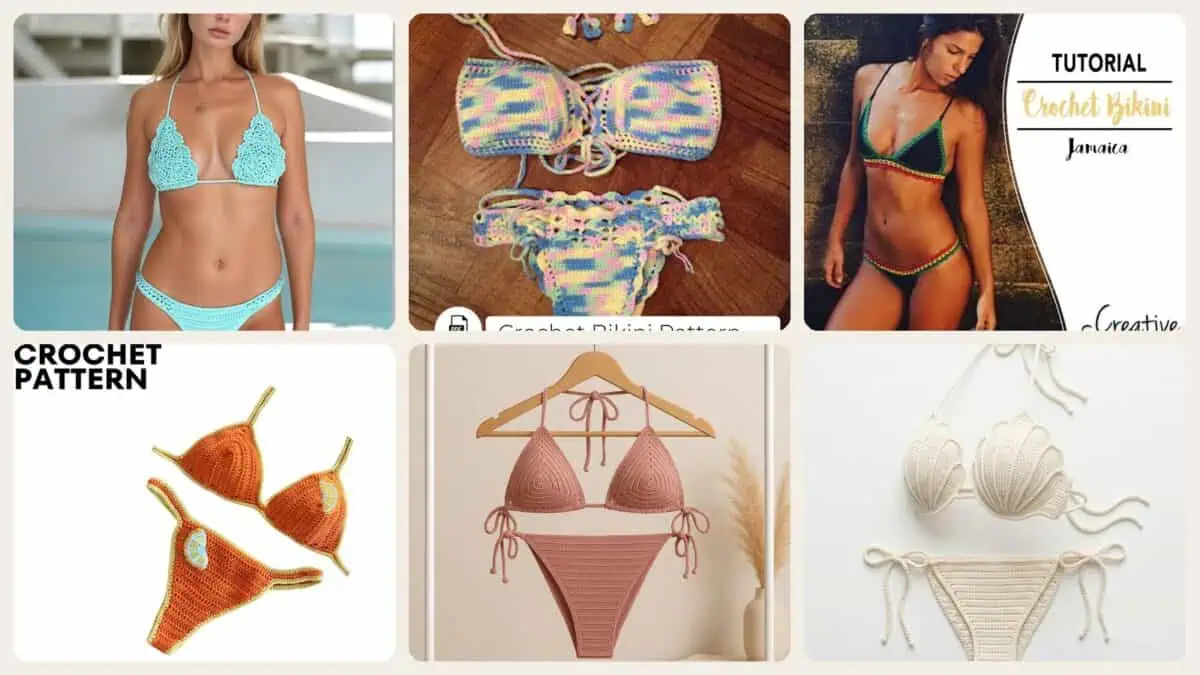 A selection of the crochet patterns in 31 Bikini Crochet Patterns for Summer Beachwear, Retro Sets, and Handmade Gifts