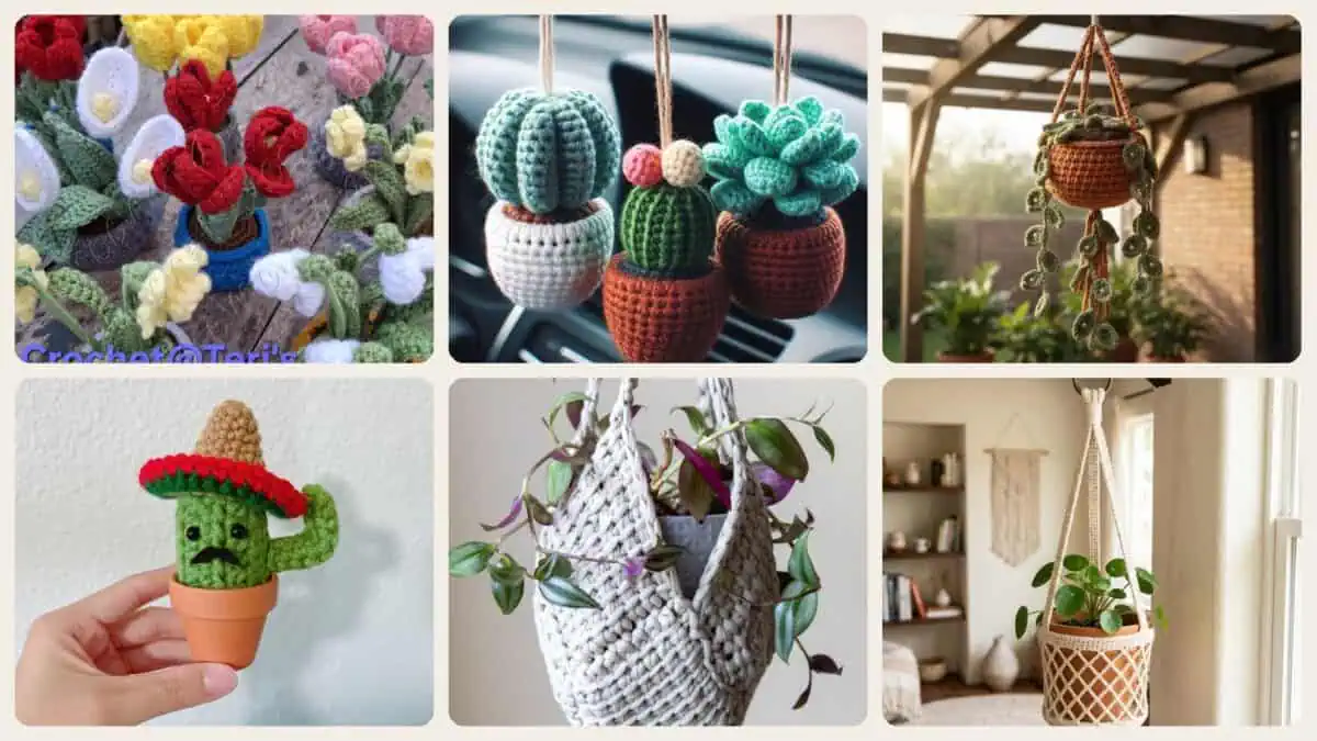A selection of the crochet patterns in 40 Plant Crochet Patterns to Brighten Home Decor and Gift Giving