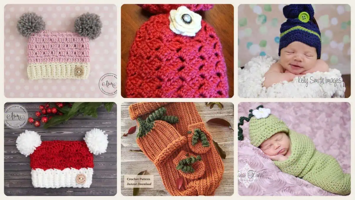 A selection of the crochet patterns in 7 Cozy Sack Hat Crochet Patterns for Winter, Gifts, and Photo Props