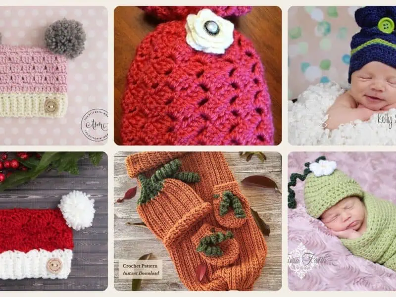 A selection of the crochet patterns in 7 Cozy Sack Hat Crochet Patterns for Winter, Gifts, and Photo Props