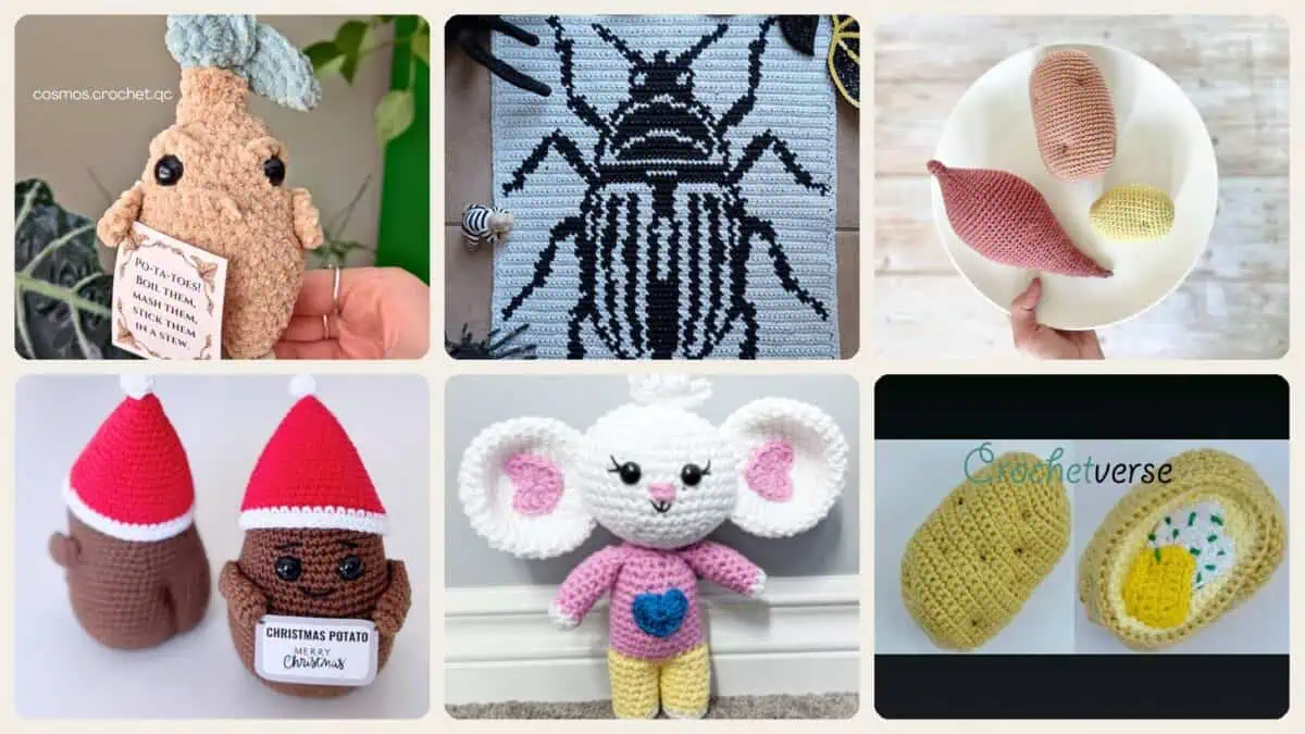 A selection of the crochet patterns in 38 Potato Crochet Patterns: Spud Amigurumi, Desk Buddies, Play Food, and Clever Gag Gifts
