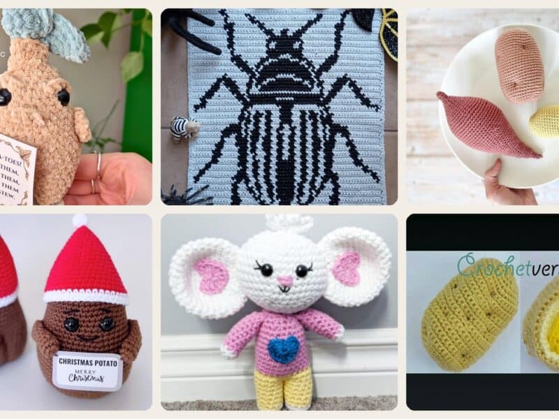 A selection of the crochet patterns in 38 Potato Crochet Patterns: Spud Amigurumi, Desk Buddies, Play Food, and Clever Gag Gifts