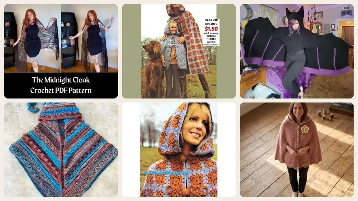 A selection of the crochet patterns in 29 Cloak Crochet Patterns for Dramatic Layers, Cozy Texture, and Costume-Worthy Style