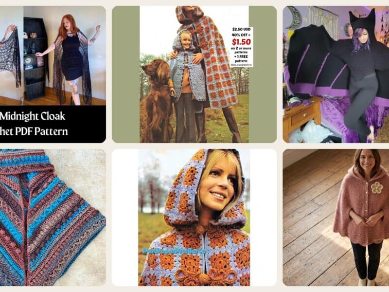 A selection of the crochet patterns in 29 Cloak Crochet Patterns for Dramatic Layers, Cozy Texture, and Costume-Worthy Style