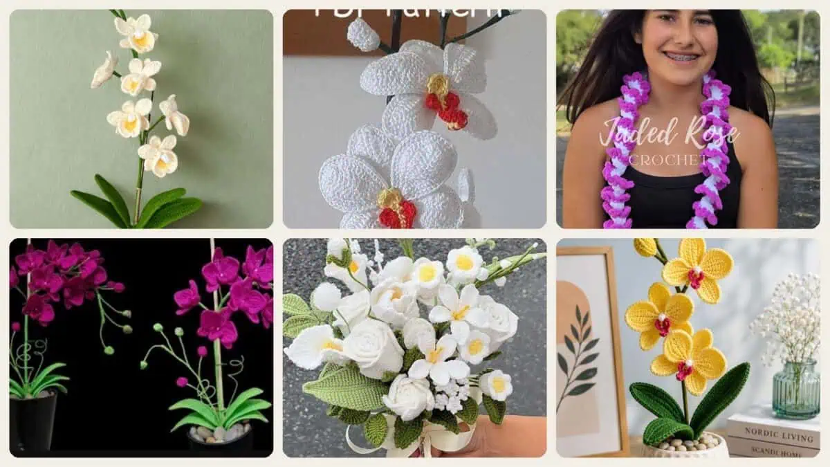 A selection of the crochet patterns in 23 Orchid Crochet Patterns to Stitch Elegant Blooms for Home Decor and Gifts