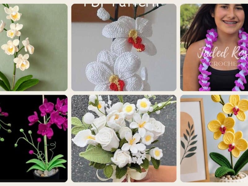 A selection of the crochet patterns in 23 Orchid Crochet Patterns to Stitch Elegant Blooms for Home Decor and Gifts