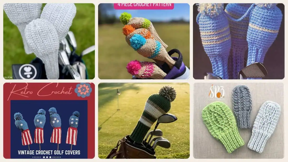 A selection of the crochet patterns in 16 Golf Club Cover Crochet Patterns for Handmade Headcovers with Personality