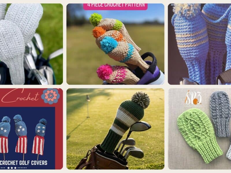 A selection of the crochet patterns in 16 Golf Club Cover Crochet Patterns for Handmade Headcovers with Personality