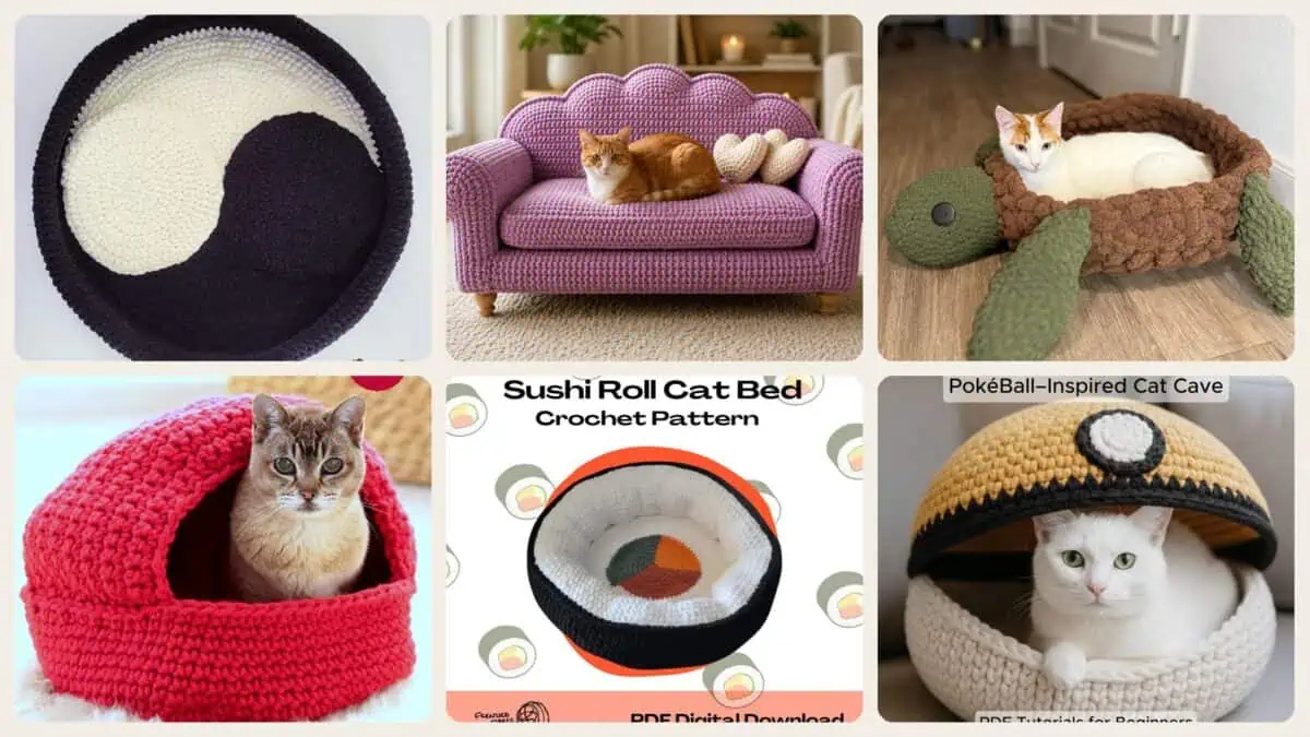 A selection of the crochet patterns in 40 Cat Couch Crochet Patterns: Unleash Your Creativity with Fun & Stylish Designs