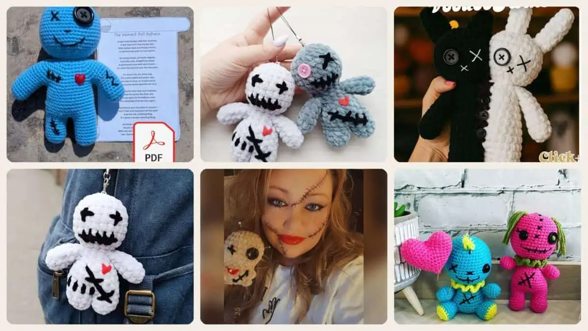A selection of the crochet patterns in 31 Voodoo Doll Crochet Patterns for Spooky-Cute Halloween Makes
