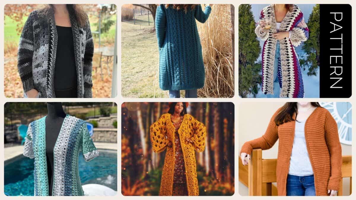 A selection of the crochet patterns in 40 Duster Crochet Patterns for Boho Layers, Lace Cardigans, and Statement Coats