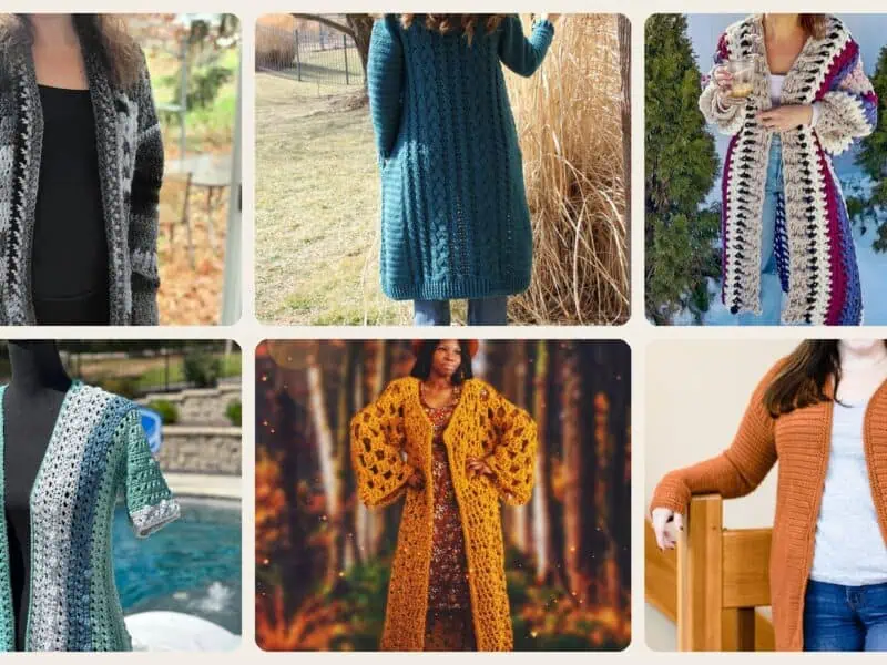 A selection of the crochet patterns in 40 Duster Crochet Patterns for Boho Layers, Lace Cardigans, and Statement Coats