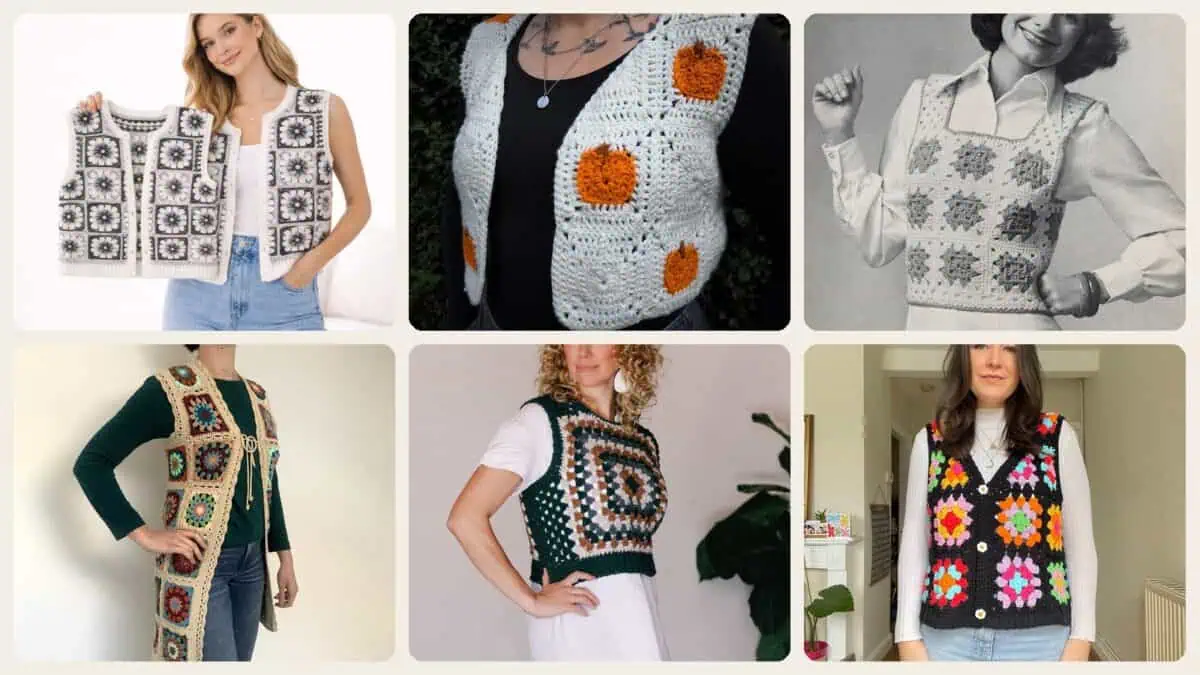 A selection of the crochet patterns in 40 Granny Square Vest Crochet Patterns for Retro Layers, Boho Vests, and Handmade Gifts
