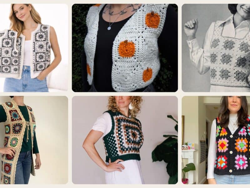 A selection of the crochet patterns in 40 Granny Square Vest Crochet Patterns for Retro Layers, Boho Vests, and Handmade Gifts