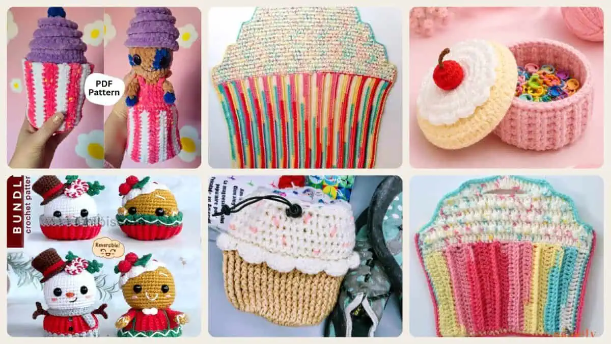 A selection of the crochet patterns in 40 Cupcake Crochet Patterns for Sweet Amigurumi, Holiday Decor, and Play Food