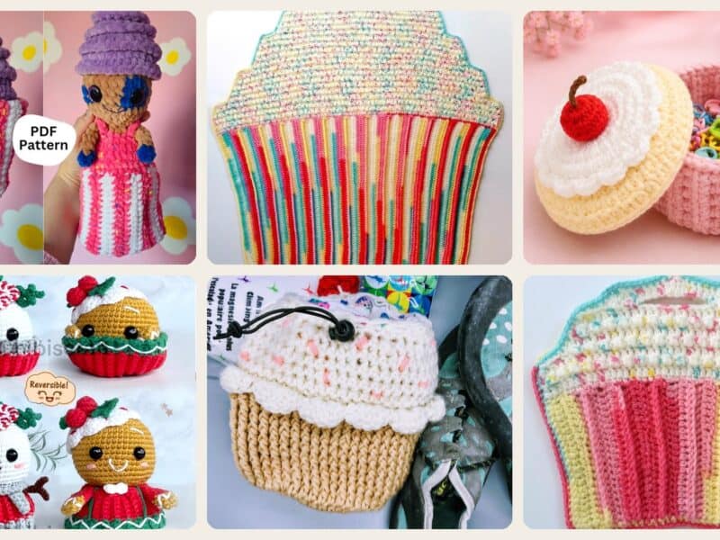 A selection of the crochet patterns in 40 Cupcake Crochet Patterns for Sweet Amigurumi, Holiday Decor, and Play Food