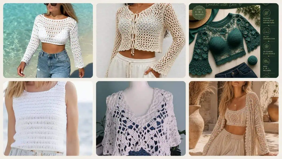 A selection of the crochet patterns in 12 Lace Top Crochet Patterns: Enhance Your Skills with Stylish Designs