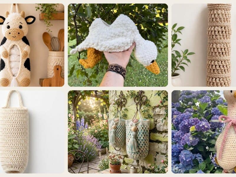 A selection of the grocery bag holders patterns in this roundup