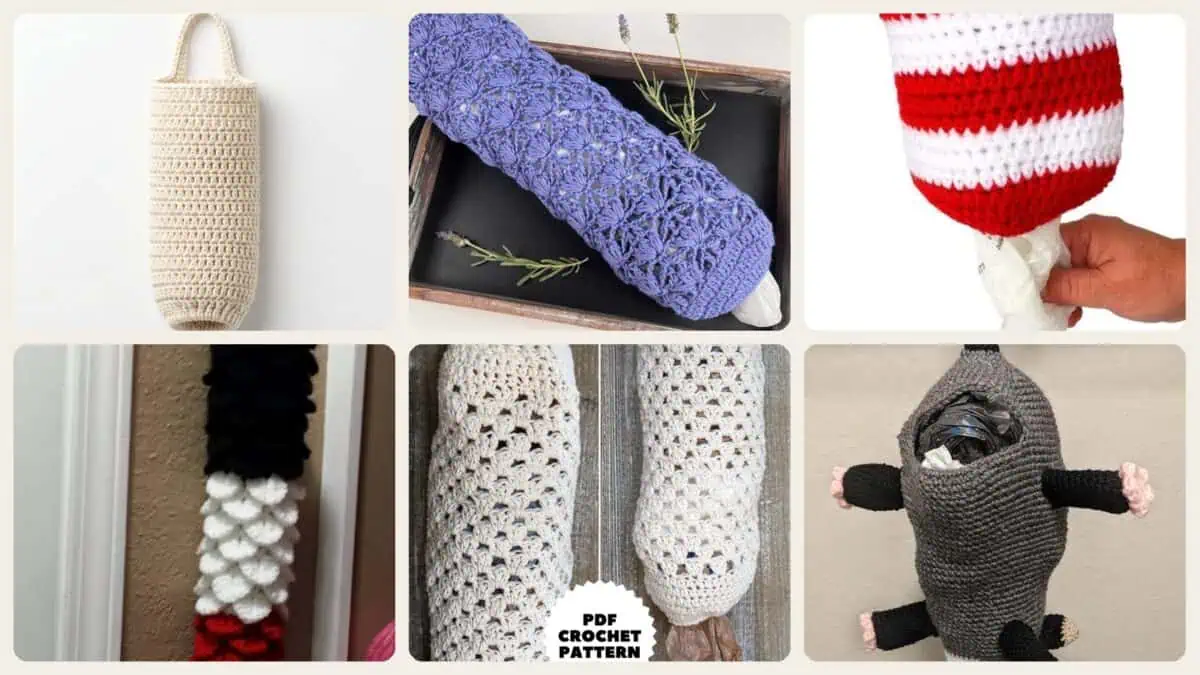 A selection of the crochet patterns in 15 Grocery Bag Holder Crochet Patterns to Keep Kitchen Storage Neat and Handy