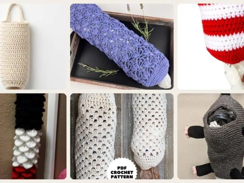 A selection of the crochet patterns in 15 Grocery Bag Holder Crochet Patterns to Keep Kitchen Storage Neat and Handy