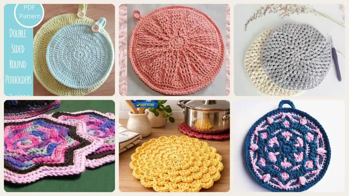 A selection of the crochet patterns in 8 Round Potholder Crochet Patterns for Kitchen Decor, Gifts, and Everyday Use