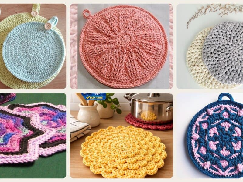 A selection of the crochet patterns in 8 Round Potholder Crochet Patterns for Kitchen Decor, Gifts, and Everyday Use