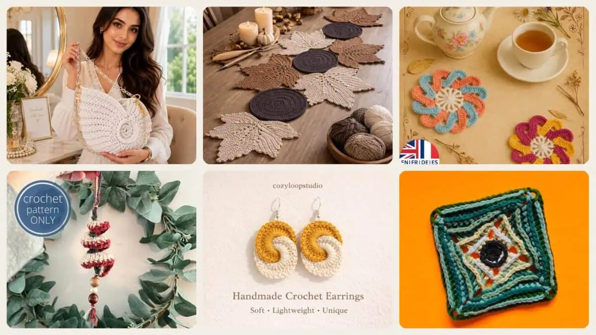 A selection of the crochet patterns in 40 Spiral Crochet Patterns for Intricate, Giftable Makes