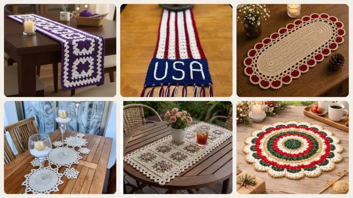 A selection of the crochet patterns in 40 Table Runner Crochet Patterns to Refresh Your Home with Handmade Texture