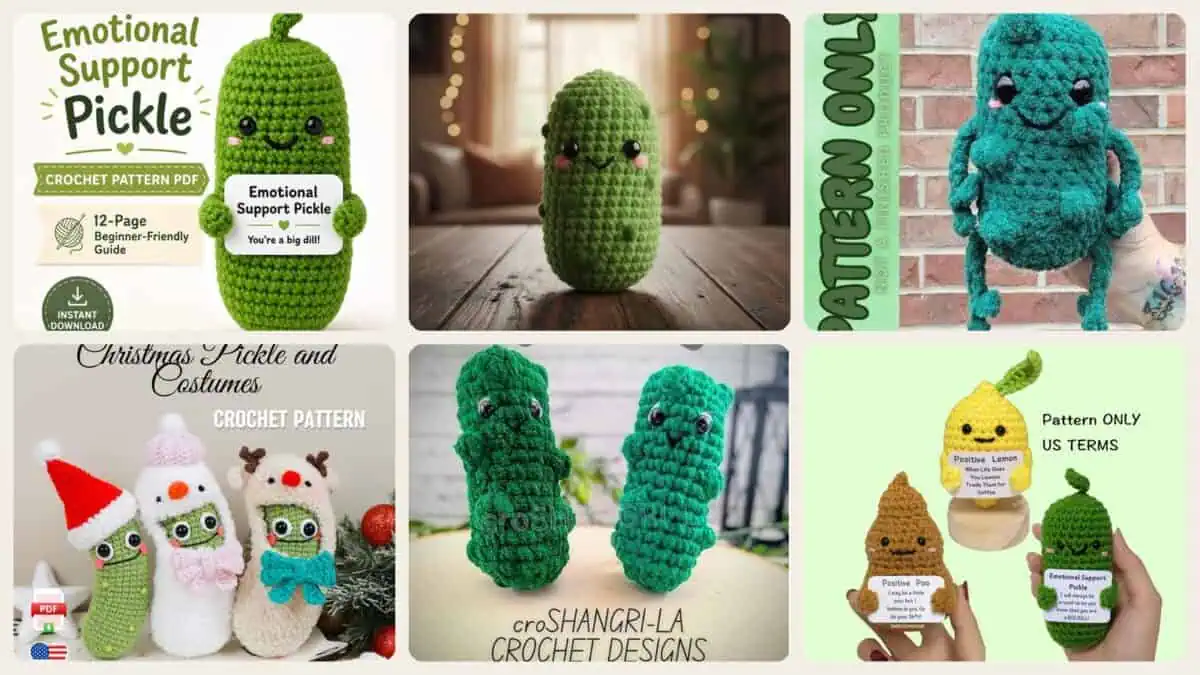 A selection of the crochet patterns in 40 Pickle Crochet Patterns for Amigurumi, Keychains, Ornaments, and Plushies