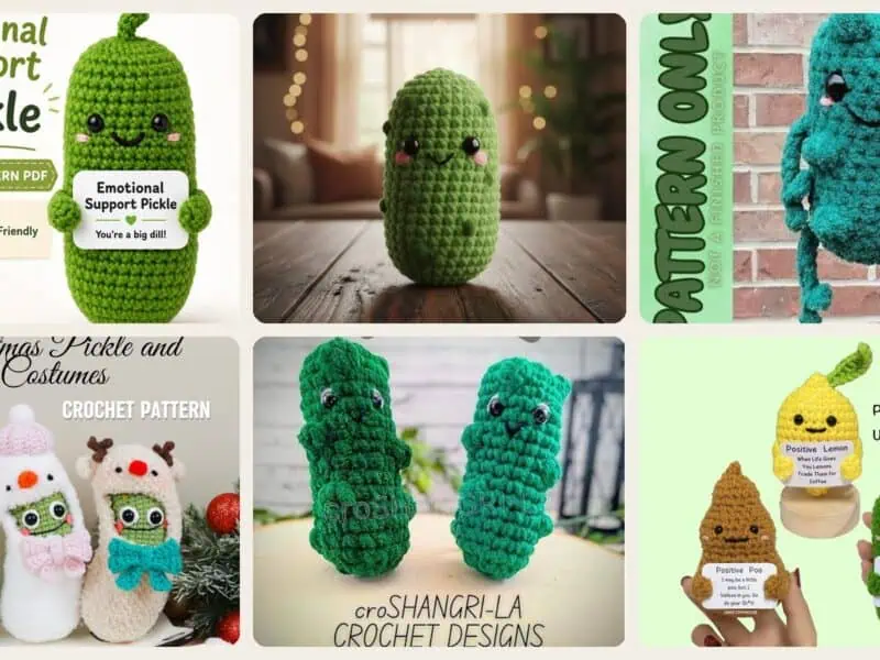 A selection of the crochet patterns in 40 Pickle Crochet Patterns for Amigurumi, Keychains, Ornaments, and Plushies