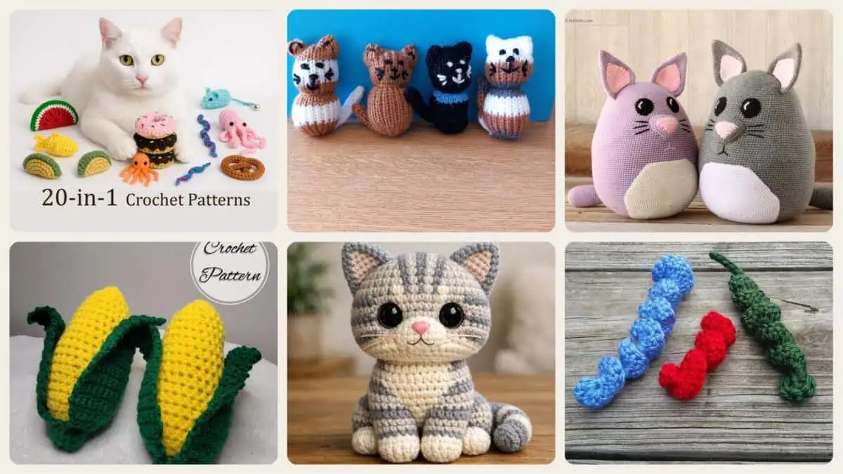 A selection of the crochet patterns in 30 Cat Toy Crochet Patterns to Make for Playful Cats and Cat Lovers