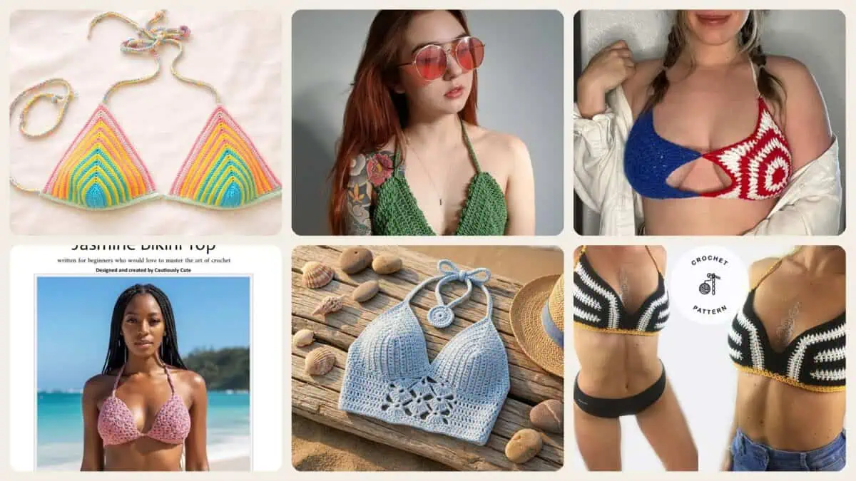 A selection of the crochet patterns in 21 Bikini Top Crochet Patterns for Handmade Swimwear, Bralettes, and Beach-Ready Tops