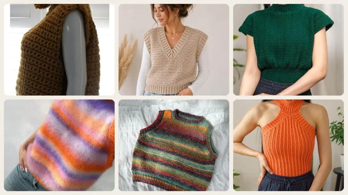 A selection of the crochet patterns in 40 Sweater Vest Crochet Patterns for Easy Layering and Handmade Wardrobes
