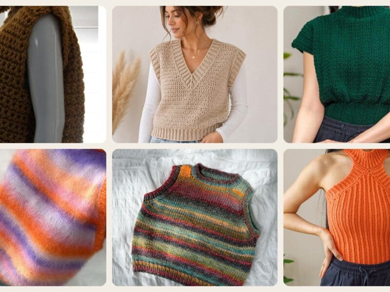 A selection of the crochet patterns in 40 Sweater Vest Crochet Patterns for Easy Layering and Handmade Wardrobes