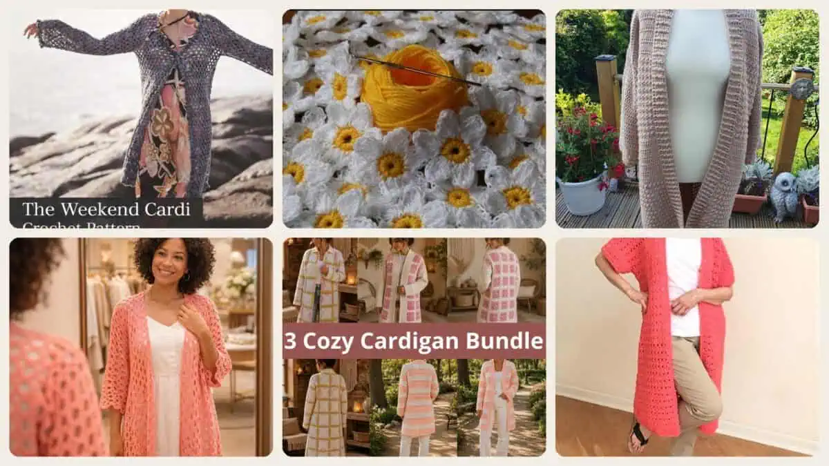 A selection of the crochet patterns in 40 Long Cardigan Crochet Patterns for Stylish Layers in Every Season