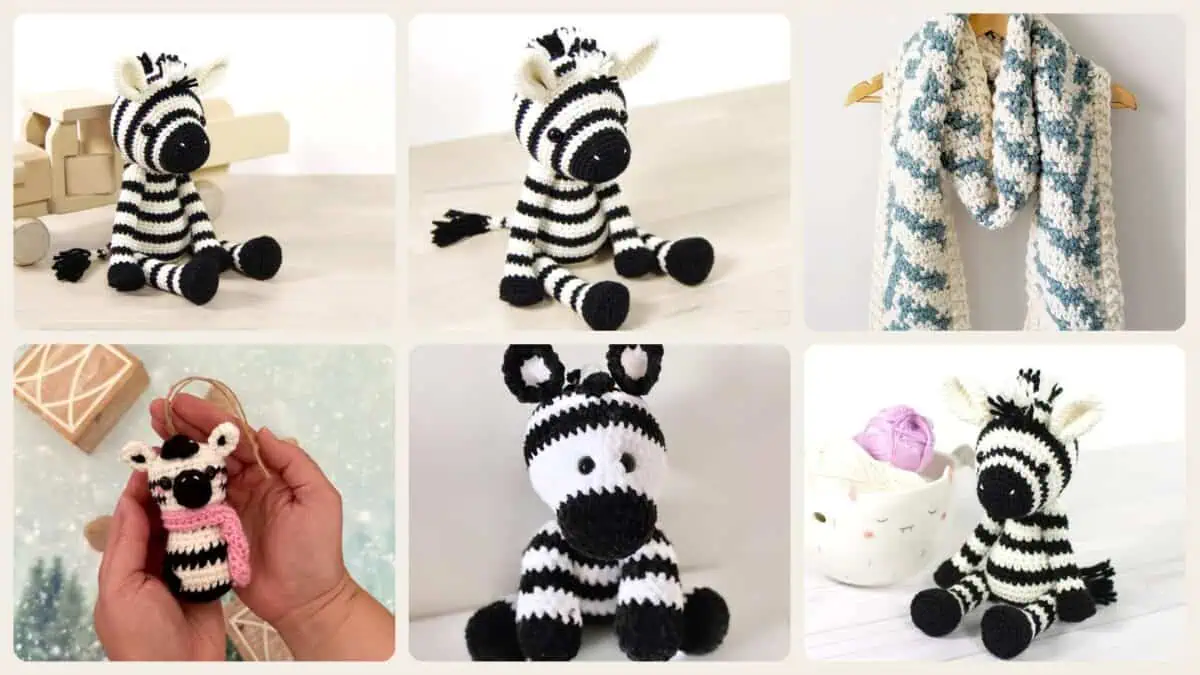 A selection of the crochet patterns in 40 Zebra Crochet Patterns for Amigurumi, Blankets, Nursery Decor, and Handmade Gifts