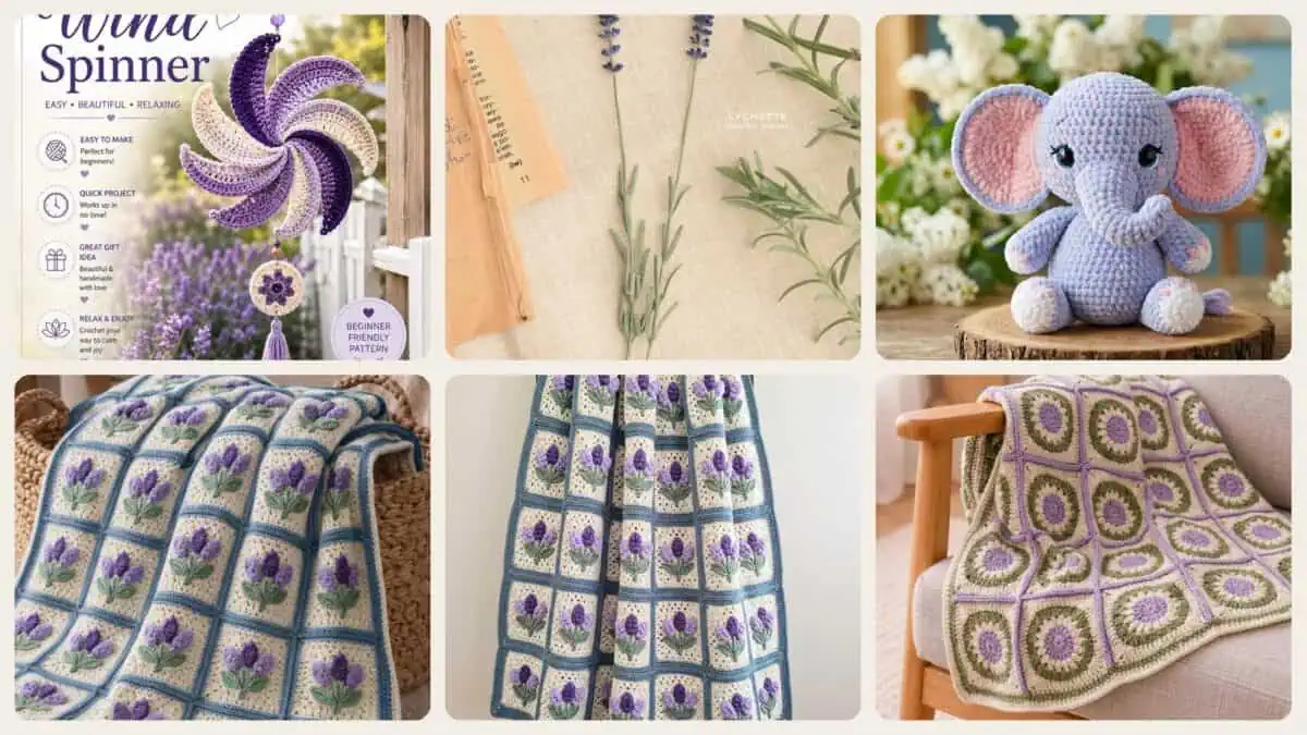 A selection of the crochet patterns in 40 Lavender Crochet Patterns: Unleash Your Creativity with These Beautiful Designs