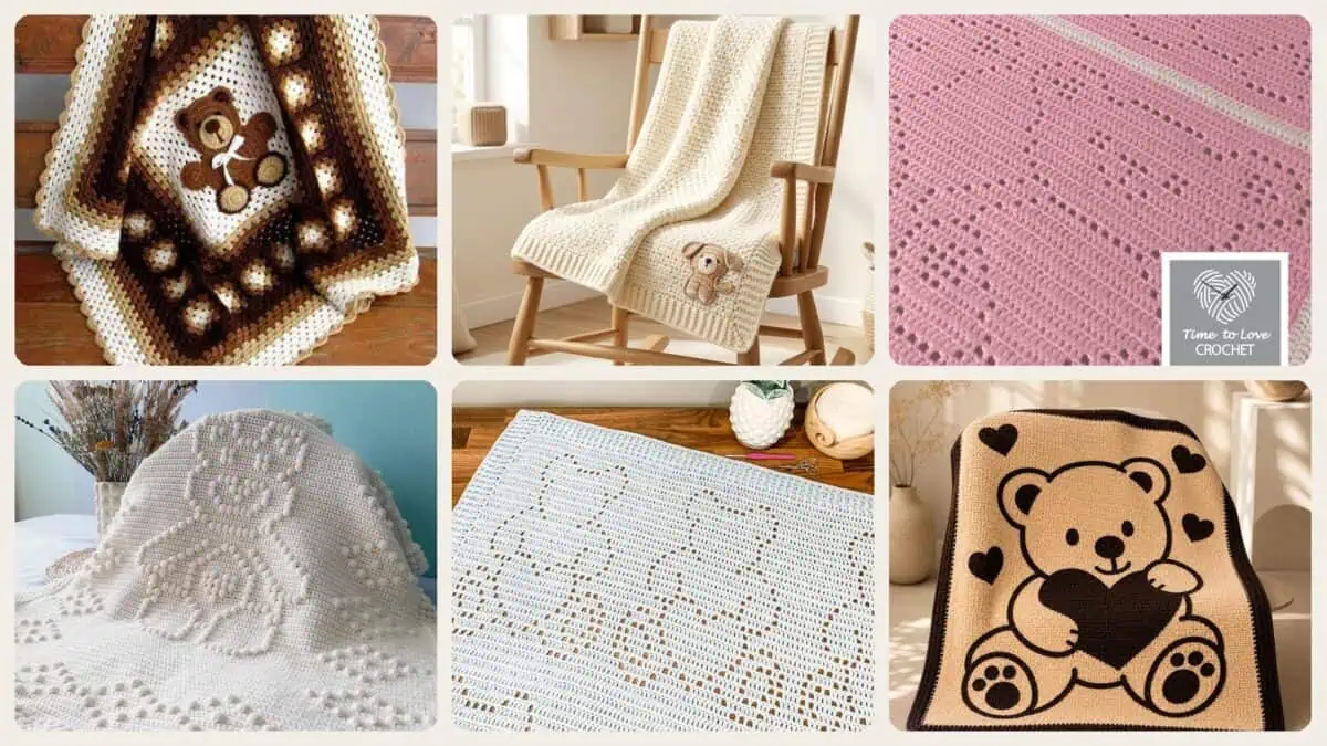 A selection of the crochet patterns in 25 Teddy Bear Blanket Crochet Patterns for Cozy Baby Gifts, Loveys, and Keepsake Afghans