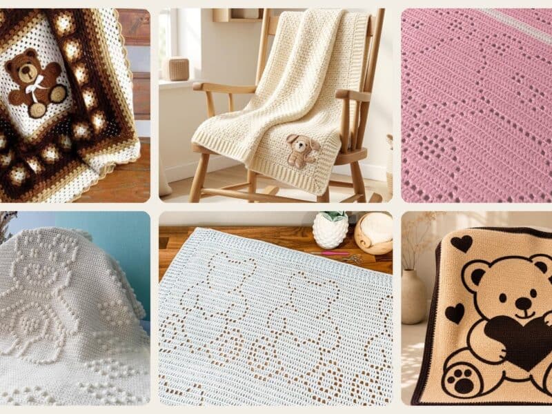 A selection of the crochet patterns in 25 Teddy Bear Blanket Crochet Patterns for Cozy Baby Gifts, Loveys, and Keepsake Afghans