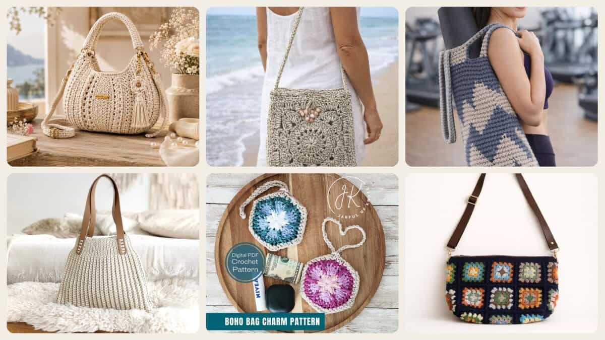 A selection of the crochet patterns in 34 Boho Bag Crochet Patterns for Fringe, Florals, and Everyday Texture