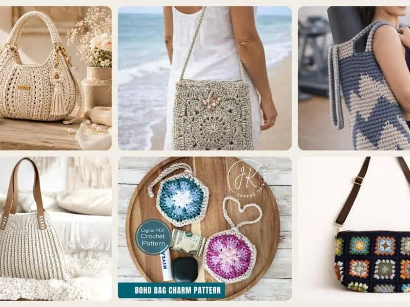 A selection of the crochet patterns in 34 Boho Bag Crochet Patterns for Fringe, Florals, and Everyday Texture