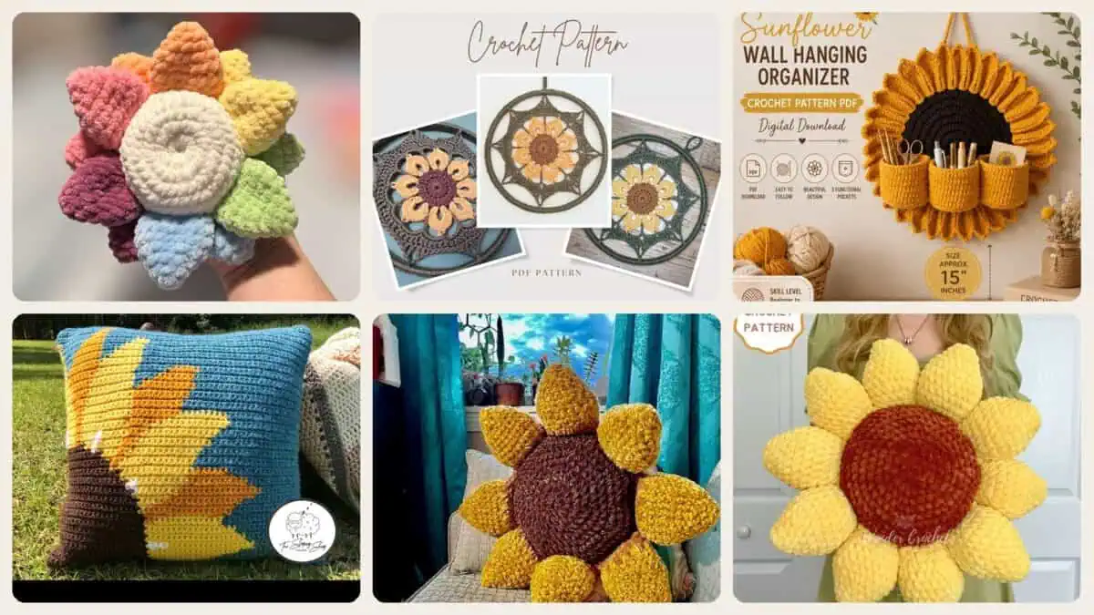 A selection of the crochet patterns in 29 Large Sunflower Crochet Patterns: Brighten Your Home with DIY Decor