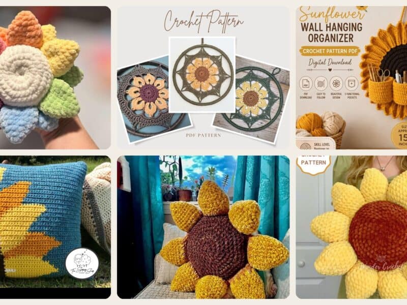 A selection of the crochet patterns in 29 Large Sunflower Crochet Patterns: Brighten Your Home with DIY Decor