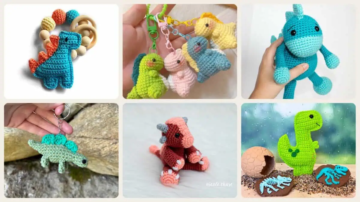 A selection of the crochet patterns in 16 Mini Dino Crochet Patterns for Cute, Giftable Amigurumi Projects
