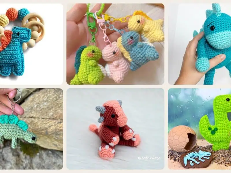 A selection of the crochet patterns in 16 Mini Dino Crochet Patterns for Cute, Giftable Amigurumi Projects